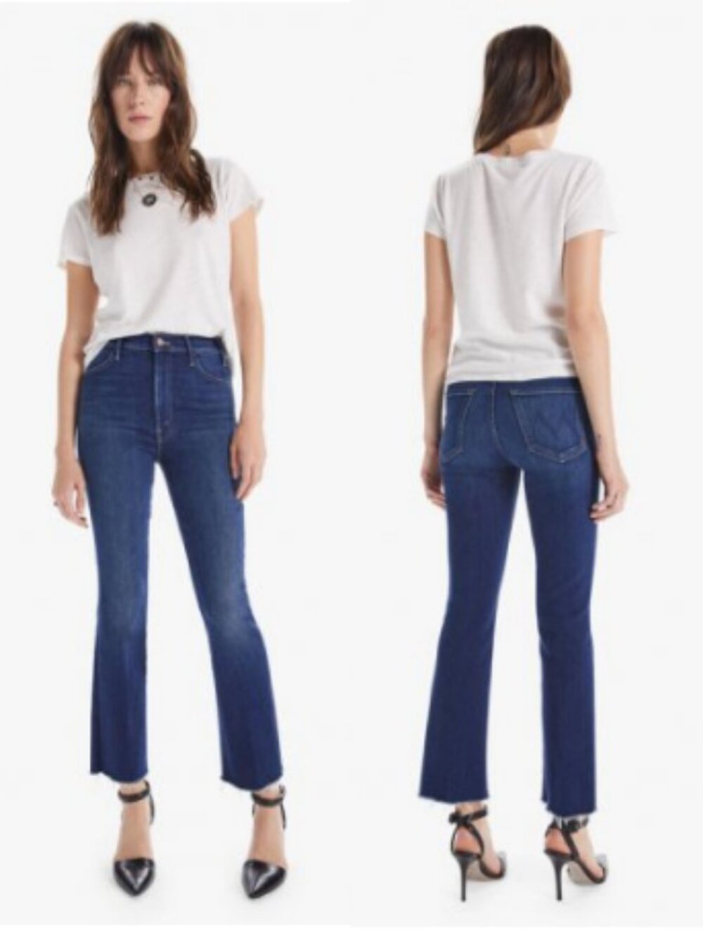 MOTHER 27 Hustler Ankle Fray Flare Jeans Raw Hem Home Movies Medium Blue Wash